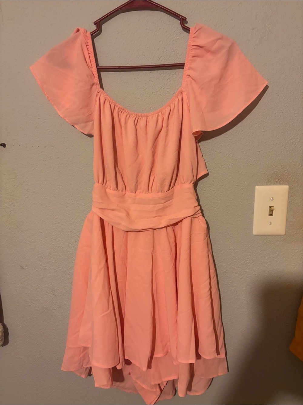 Peach Off-Shoulder High-Low Chiffon Dress